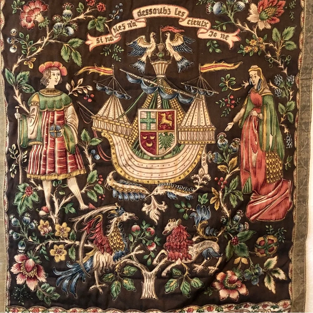 Vintage French Medieval Wall Hanging Tapestry Panel Barques des Amours